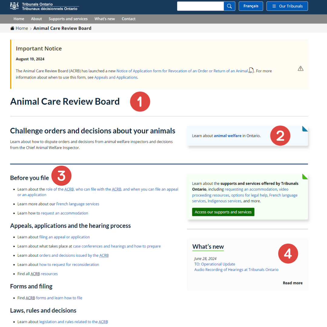 The Animal Care Review Board homepage with numbers indicating key features, which will be explained in the following section. The features are the Name and role, Call-to-action cards, Menu options, and the What's new section.